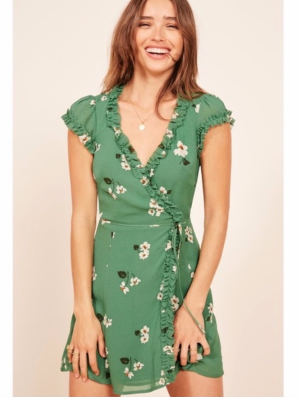 Reformation Green Floral Ruffle Wrap Mini Dress